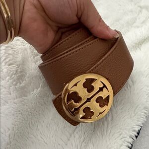 Tory Burch Tan Leather Belt with Gold Emblem